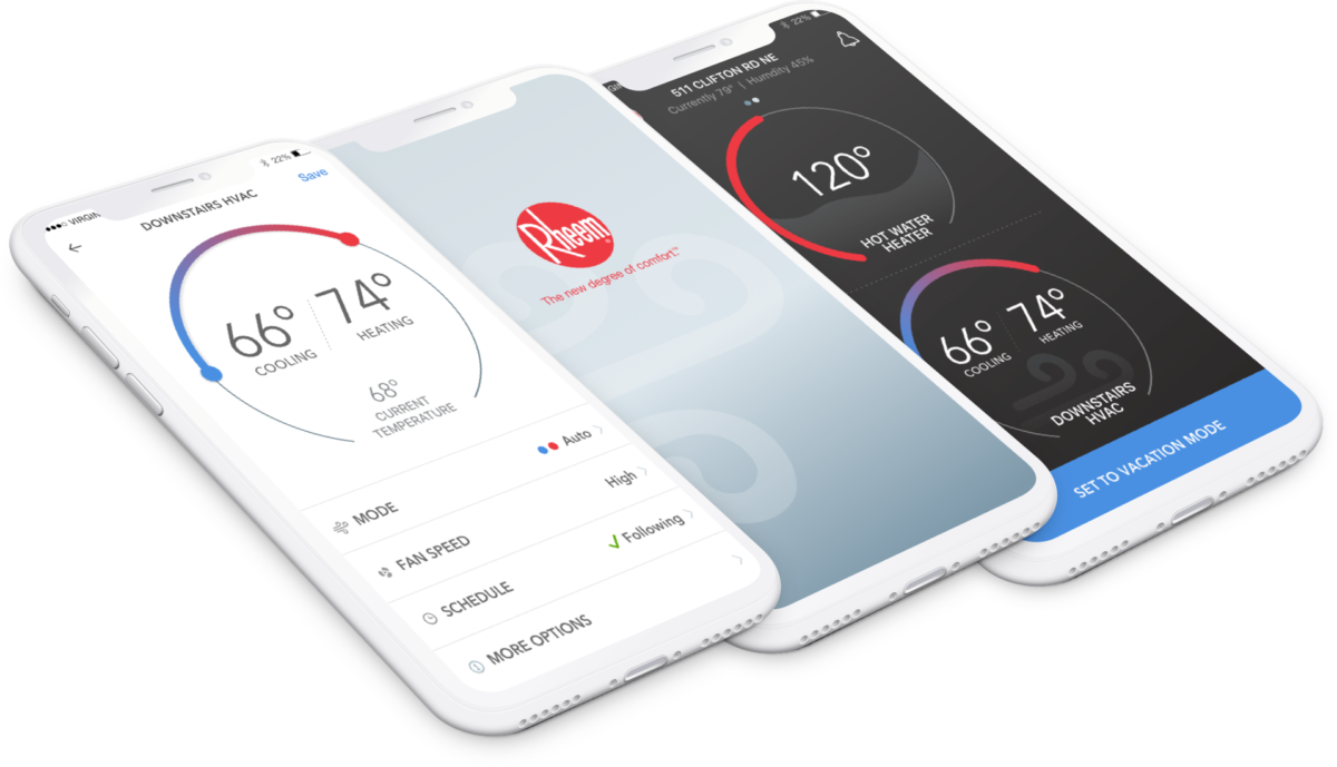 3 mockups of screens for the rheem app